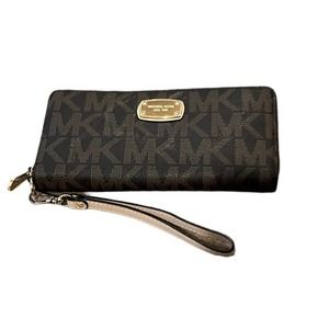 Michael Kors Brown Black Leather MK Print Full Zip Wallet Wristlet Card Holder
